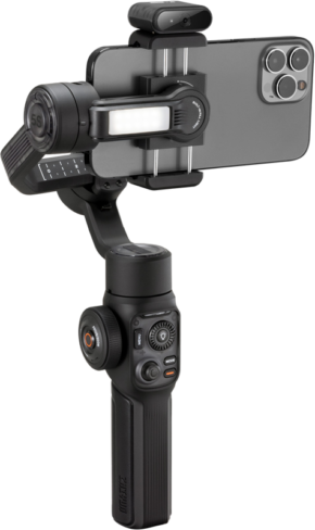 800q-01_128220 Zhiyun Mobile Gimbal Smooth 5S AI Combo, a black handheld gimbal with control buttons, dials and attached light, holds your smartphone in a horizontal position for smooth video shooting.