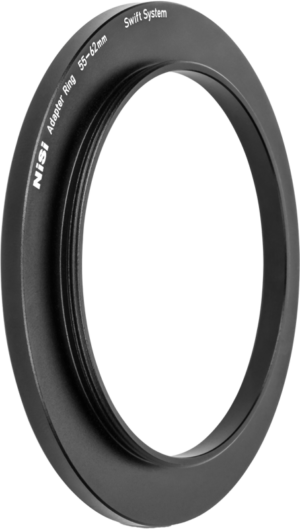 800q-01_128523 The NiSi filter Swift System Adapter Ring 55-62mm adapter ring is shown at an angle with a plain base and its label is visible.