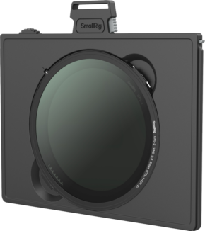 800q-01_128852 The SmallRig 4415 Multifunctional VND Filter Tray Kit is a black rectangular matte finish box with a circular glass filter and top handle designed to be attached to camera lenses to block light and reduce glare.