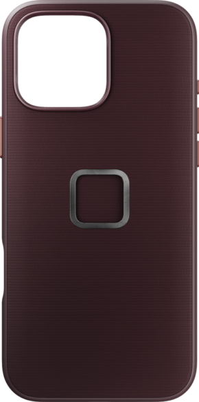 800q-01_128875 Peak Design Mobile Everyday Fabric -kotelossa iPhone 16 Pro Max -puhelimelle Eclipse -värissä on ruskeankeltainen kuvioitu pinta, suuri suorakulmainen kamera-aukko vasemmassa yläkulmassa ja metallinen neliönmuotoinen rengas keskellä.