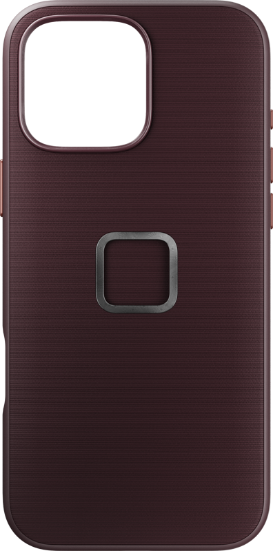 800q-01_128875 Peak Design Mobile Everyday Fabric -kotelossa iPhone 16 Pro Max -puhelimelle Eclipse -värissä on ruskeankeltainen kuvioitu pinta, suuri suorakulmainen kamera-aukko vasemmassa yläkulmassa ja metallinen neliönmuotoinen rengas keskellä.