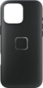 Mustassa Peak Design Mobile Everyday Clarino -kotelossa iPhone 16 Pro Max -puhelimelle on neliönmuotoinen metallinen kehä keskellä ja suuri kamera-aukko vasemmassa yläkulmassa.