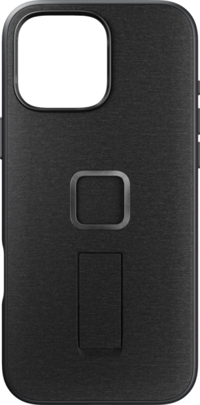 800q-01_128879 Peak Design Mobile Everyday Loop -kotelossa iPhone 16 Pro Max -puhelimelle hiilenvärisenä on harjattu rakenne, suuri vasemman yläreunan kameraleikkaus ja suorakulmainen potkulaite.