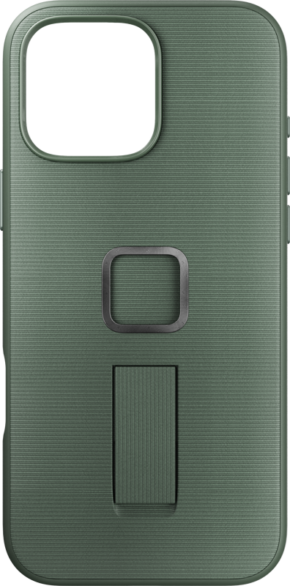 800q-01_128880 Peak Design Mobile Everyday Loop -kotelossa iPhone 16 Pro Max -puhelimelle, väri Sage, on kuvioitu vihreä viimeistely, suuri suorakulmainen kameran leikkaus ylhäällä vasemmalla, neliönmuotoinen metallirengas keskellä ja liukuva jalusta renkaan alla.