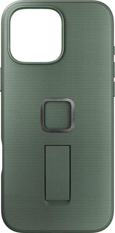 800q-01_128880 Peak Design Mobile Everyday Loop -kotelossa iPhone 16 Pro Max -puhelimelle, väri Sage, on kuvioitu vihreä viimeistely, suuri suorakulmainen kameran leikkaus ylhäällä vasemmalla, neliönmuotoinen metallirengas keskellä ja liukuva jalusta renkaan alla.