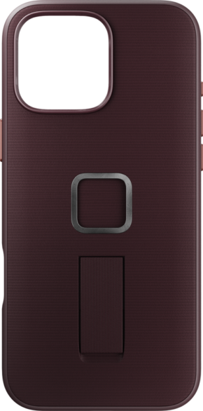800q-01_128881 Peak Design Mobile Everyday Loop -kotelossa iPhone 16 Pro Max -puhelimelle Eclipse on ruskeankeltainen muotoilu, neliönmuotoinen kameran leikkaus, metallinen neliönmuotoinen keskikoriste ja suorakulmainen sisäänrakennettu potkulaite.