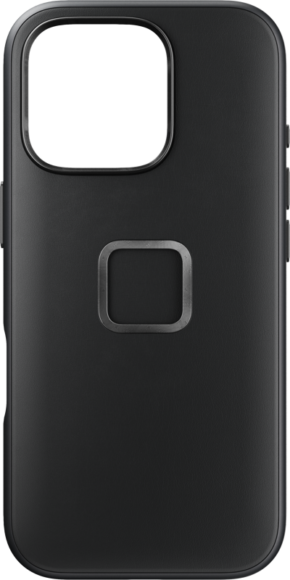 Mustassa Peak Design Mobile Everyday Clarino -kotelossa iPhone 16 Pro -puhelimelle on suuri suorakulmainen kamera-aukko yläreunassa ja keskellä oleva metallirengas, joka tarjoaa yksinkertaisen ja minimalistisen muotoilun.