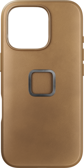 Peak Design Mobile Everyday Clarino -kotelossa iPhone 16 Pro -puhelimelle on sileä nahkapinta, neliönmuotoinen kameraleikkaus yläreunassa, metallinen keskusrengas ja pyöristetyt reunat.