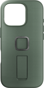 800q-01_128889 Peak Design Mobile Everyday Loop -kotelossa iPhone 16 Pro -puhelimelle, väri Sage, on kuvioitu vihreä viimeistely, suuri kameran aukko, neliönmuotoinen metallirengas ja integroitu pystysuora jalusta renkaan alapuolella.