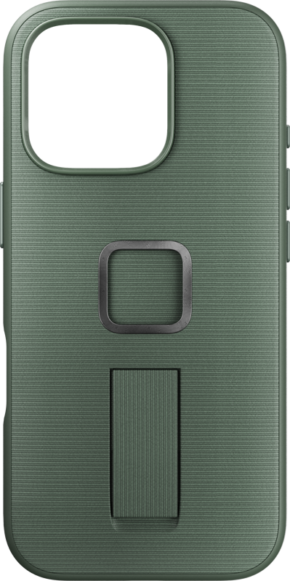 Peak Design Mobile Everyday Loop -kotelossa iPhone 16 Pro -puhelimelle, väri Sage, on kuvioitu vihreä viimeistely, suuri kameran aukko, neliönmuotoinen metallirengas ja integroitu pystysuora jalusta renkaan alapuolella.