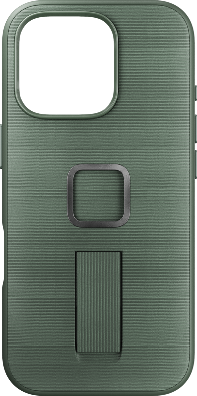 800q-01_128889 Peak Design Mobile Everyday Loop -kotelossa iPhone 16 Pro -puhelimelle, väri Sage, on kuvioitu vihreä viimeistely, suuri kameran aukko, neliönmuotoinen metallirengas ja integroitu pystysuora jalusta renkaan alapuolella.