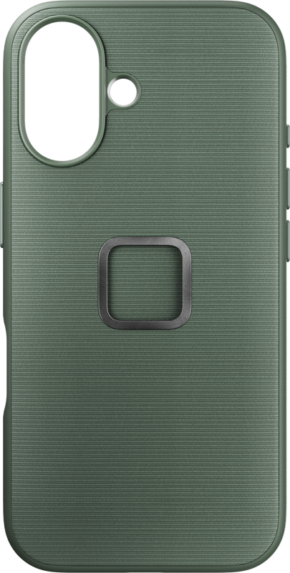 Peak Design Mobile Everyday Fabric -kangaskotelossa iPhone 16:lle, väri Sage, on vihreä kuvioitu pinta, tarkat kameran ja sensorin aukot sekä keskellä oleva neliön muotoinen korotettu alue takana.