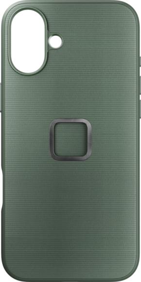 800q-01_128895 Peak Design Mobile Everyday Fabric -kangaskotelossa iPhone 16 Plus -puhelimelle, väri Sage, on vihreä kuvioitu viimeistely, kamera- ja salamaleikkaus vasemmalla ylhäällä ja neliönmuotoinen metallirengasjalusta keskellä.