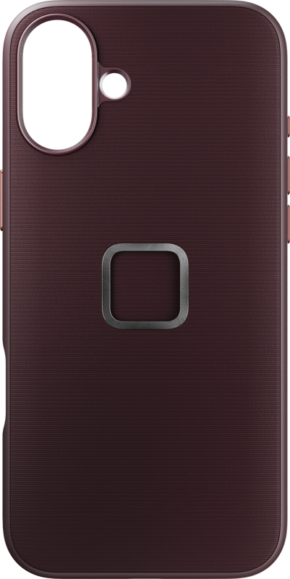 800q-01_128896 Peak Design Mobile Everyday Fabric -kotelo iPhone 16 Plus -puhelimelle Eclipse on tummanruskea kotelo, jossa on kuvioitu pinta, neliönmuotoinen metallinen kehä keskellä ja tarkat leikkaukset kameralle ja salamalle vasemmassa yläkulmassa.