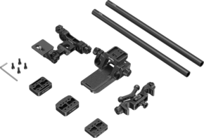 800q-01_129129 The SmallRig 4429 Wildlife Photography Lens Support Kit (501PL) includes black carbon fibre and metal rods, mounting plates, screws, brackets and tools neatly arranged on a white background.