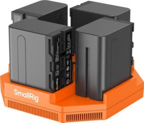 800q-01_129132 The SmallRig 4834 4-channel camera battery charger + NP-F970 battery pack keeps four black rectangular camera batteries upright and ready for charging.