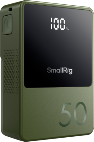 The SmallRig 4872 V-Mount Battery Mini VB50 (green) has a digital display showing 100 %, a power button on the side and "50" printed in the bottom right corner.