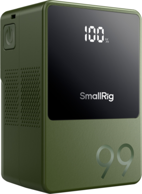 SmallRig 4930 V-Mount Battery Mini VB99 (vihreä) -akussa on sivussa virtanäppäin ja edessä digitaalinen näyttö, jossa näkyy 100 % ja "99".