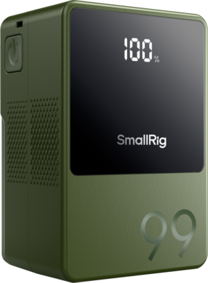 800q-01_129139 SmallRig 4930 V-Mount Battery Mini VB99 (vihreä) -akussa on sivussa virtanäppäin ja edessä digitaalinen näyttö, jossa näkyy 100 % ja "99".