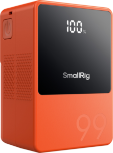 800q-01_129140 SmallRig 4929 V-Mount Battery Mini VB99 (oranssi) sisältää mustan digitaalinäytön, jossa näkyy 100 %, virtanäppäimen sivussa ja numeron 99 kohokuvioitu etupuolen alaosassa.