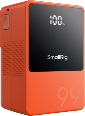 800q-01_129140 SmallRig 4929 V-Mount Battery Mini VB99 (oranssi) sisältää mustan digitaalinäytön, jossa näkyy 100 %, virtanäppäimen sivussa ja numeron 99 kohokuvioitu etupuolen alaosassa.