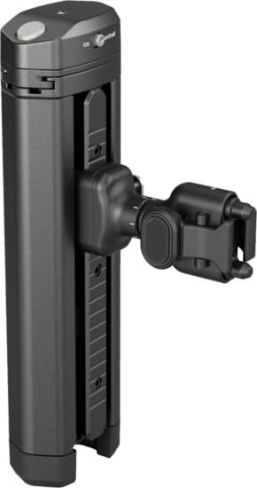 800q-01_129285 The SmallRig 4841 Rotatable Bilateral Quick Release Side Handle with Wireless Control/M.2 SSD Enclosure is a black, upright device with an adjustable arm with iOS/Android buttons and a circular locking mechanism.