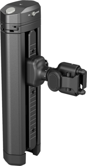 800q-01_129285 The SmallRig 4841 Rotatable Bilateral Quick Release Side Handle with Wireless Control/M.2 SSD Enclosure is a black, upright device with an adjustable arm with iOS/Android buttons and a circular locking mechanism.