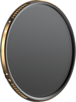 800q-01_129403 The PolarPro PMVND 6-9 Stop Edition II 95mm is a round camera lens filter with gold and black trim, numerical markings and notches on the edges for adjusting the filter settings.