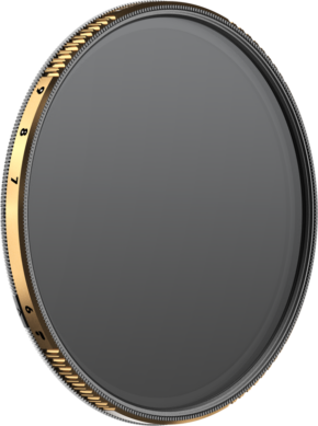800q-01_129411 The PolarPro PMVND / Black Mist 6-9 Stop Edition II 95mm is a circular camera lens filter with a gold and black adjustable ring, featuring the numerals 6-9 on the tinted edge against a light background.
