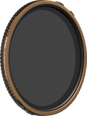 The PolarPro Croma PMVND/PL 6-9 Stop 49mm lens filter features a circular design with a black glass centre, textured brown metal rim and engraved ND4/PL POLARIZER EDITION text on a plain light background.