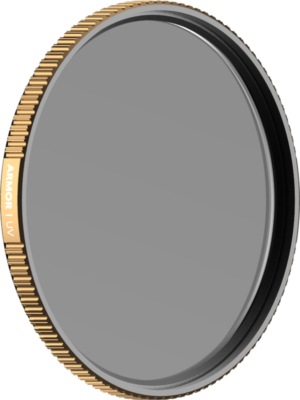 PolarPro Quartzline Armor UV Filter 67mm UV filter is a circular lens filter with a gold and black brushed edge, marked ARMOR | UV, designed to protect the camera lens and block ultraviolet light.