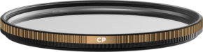 800q-01_129491 The PolarPro Quartzline Circular Polarizer CPL 67mm has a black and gold brushed edge with "CP" engraved on the gold part. The clear filter glass and modern design make it a stylish and high-quality accessory.