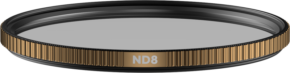 800q-01_129492 PolarPro Quartzline ND8 (3 Stop) 67mm Grey Filter The 67mm Grey Filter is a circular camera lens filter with a gold-red edge and black frame, designed to reduce the amount of light entering the lens.