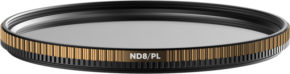 800q-01_129493 The PolarPro Quartzline ND8 (3 Stop) / Polarising Filter 67mm grey filter is shown with a black ring with gold coloured textured stripes around the edge, on a light background.