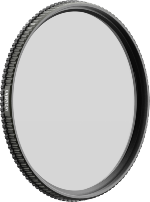 800q-01_129517 A close-up of the PolarPro Shortstache Everyday Mist 1/4 / PL 43mm filter shows its textured black metal rim and clear glass centre with the EVERYDAY inscription on the side.
