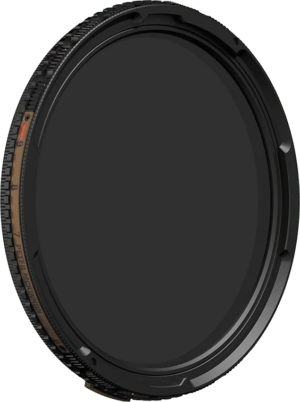 800q-01_129551 PolarPro Helix Chroma 2-5 stop PMVND / PL / BlackMist on pyöreä linssisuodatin, jossa on tumma lasi, kuvioitu musta kehys, kaiverretut merkinnät ja kultainen etiketti ulkoreunassa.
