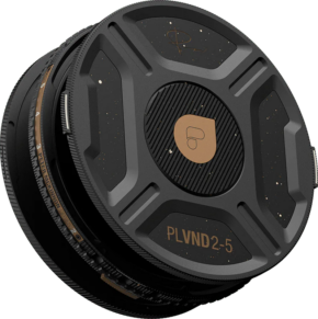 Lähikuva PolarPro Helix 2-5 Stop PMVND / PL -suodattimesta, jossa on kultaisia korostuksia, kuvioidut viivat, keskeinen logo ja merkintä PLVND2-5 vaaleanharmaalla taustalla.