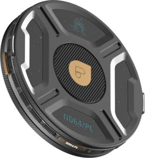 800q-01_129561 The PolarPro Helix ND64(6stop) / PL filter close-up shows its black and grey circular design with ND64/PL marking, subtle blue speckles, gold centre logo and metallic textured edges.