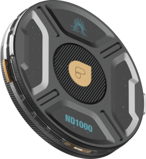 800q-01_129562 The PolarPro Helix ND1000 (10-stop) filter features a black design with metallic accents, brushed edges, blue lettering, a gold logo in the centre and blue graphics near the top edge. The filter has an angular shape with a white background.