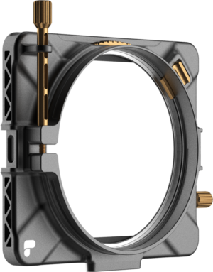 800q-01_129564 The PolarPro Basecamp Mattebox VND Kit is a metal camera lens filter holder with gold knobs and square frame, designed to securely mount filters in front of the camera lens.