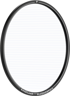 800q-01_129573 The PolarPro Basecamp Circular BlueMorphic filter is a circular lens filter with a slim black frame bearing the inscription ‘BASECAMP BLUEMORPHIC’, and clear glass with subtle horizontal blue lines.