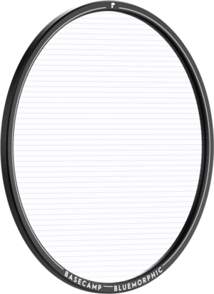 800q-01_129573 The PolarPro Basecamp Circular BlueMorphic filter is a circular lens filter with a slim black frame bearing the inscription ‘BASECAMP BLUEMORPHIC’, and clear glass with subtle horizontal blue lines.