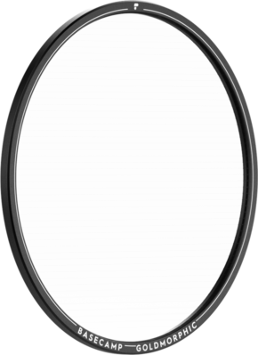 800q-01_129574 A thin, black, circular, metal PolarPro Basecamp Circular GoldMorphic filter with the words "BASECAMP GOLDMORPHIC" at the bottom, shown against a white background.