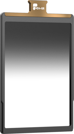 800q-01_129579 The PolarPro Basecamp Stage 3 ND4-Graduated filter is a rectangular lens filter with a black and gold frame, marked ND4-GR, with a gradient that fades from dark at the top to bright at the bottom.