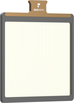 800q-01_129585 The PolarPro Basecamp Stage 2 & 3 GoldMorphic Rectangle filter features a metallic gold top section bearing its logo and a large translucent panel with vertical lines framed in dark grey.