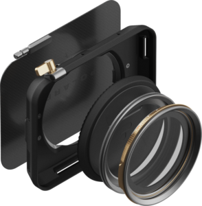 800q-01_129591 PolarPro Recon VND / PL Matte Box Base Kitin räjähdysnäkymä näyttää sen osat: objektiivi, ympyräsuodatin, kiinnityskehys ja suorakulmainen huppu, jotka on kohdistettu kokoonpanoa varten.
