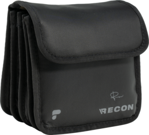 800q-01_129593 The PolarPro Recon Multi-Filter Pouch is a black, collapsible pouch with a flap closure, RECON and brand logos on the front and multiple compartments. It is made of durable, textured fabric for organized and secure storage of filters.