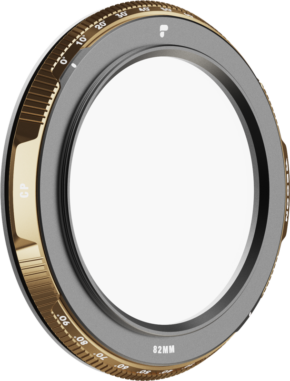 A close-up of the PolarPro Recon Circular Polariser CP Stage 1 Filter shows its gold and black design, measurement markings such as "82MM" and "CP", and a brushed edge surrounding the clear centre.