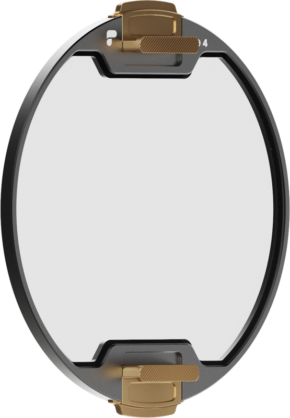 800q-01_129597 The PolarPro Recon Stage 2 ND4 Grey Filter is a round, transparent lens filter with a black frame and two gold locking mechanisms at the top and bottom, shown at an angle against a white background.