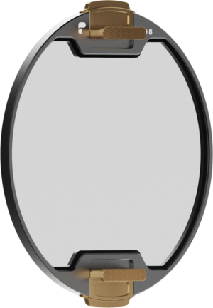 The PolarPro Recon Stage 2 ND8 Filter is a round, clear camera lens filter with a black metal frame and two gold knobs, shown against a white background.